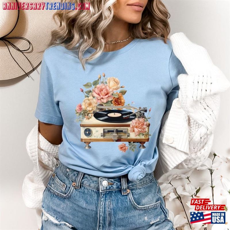 Turntable Shirt Flowers T-Shirt Retro Floral Hoodie Classic -Bipubunny Store