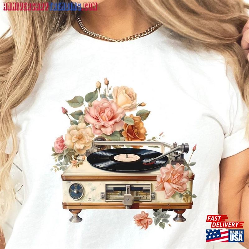 Turntable Shirt Flowers T-Shirt Retro Floral Hoodie Classic -Bipubunny Store