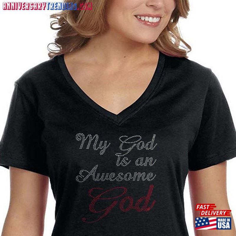 Women’s My God Is Awesome Sequin Rhinestone Religious Jesus Christ Christian Catholic Church Cross Faith V Hoodie Classic -Bipubunny Store