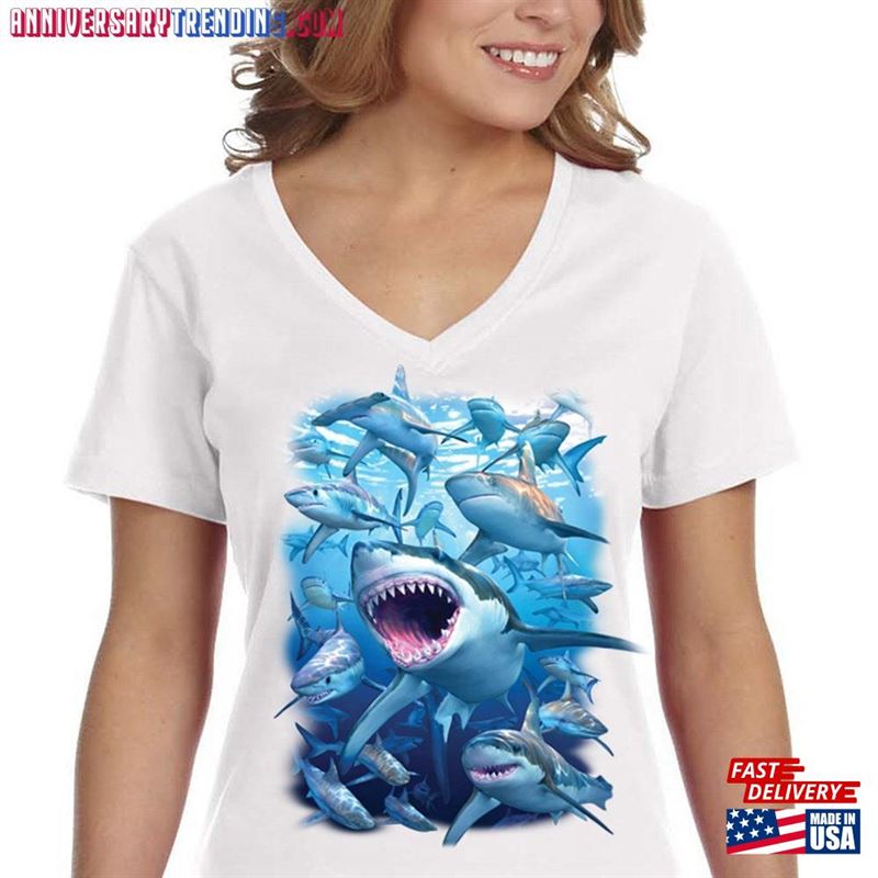 Women’s Shark Club Great White Hammer Head Mako Blue Tiger Bull Swimming Ocean Fish Fishing Diving Boating V T-Shirt Sweatshirt -Bipubunny Store