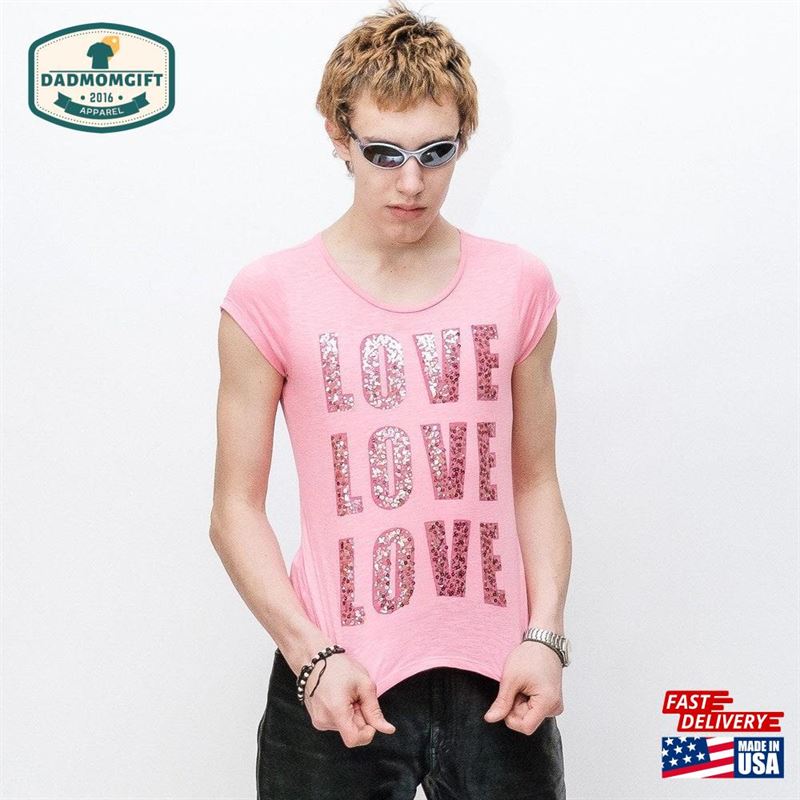 Y2k Vintage Love Sequin Text Baby Sleeve T Shirt In Pink Unisex T-Shirt