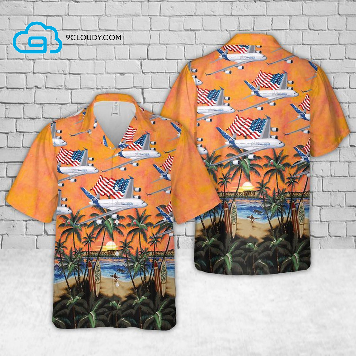 American Flag Airbus A380 Full Print Hawaiian Shirt