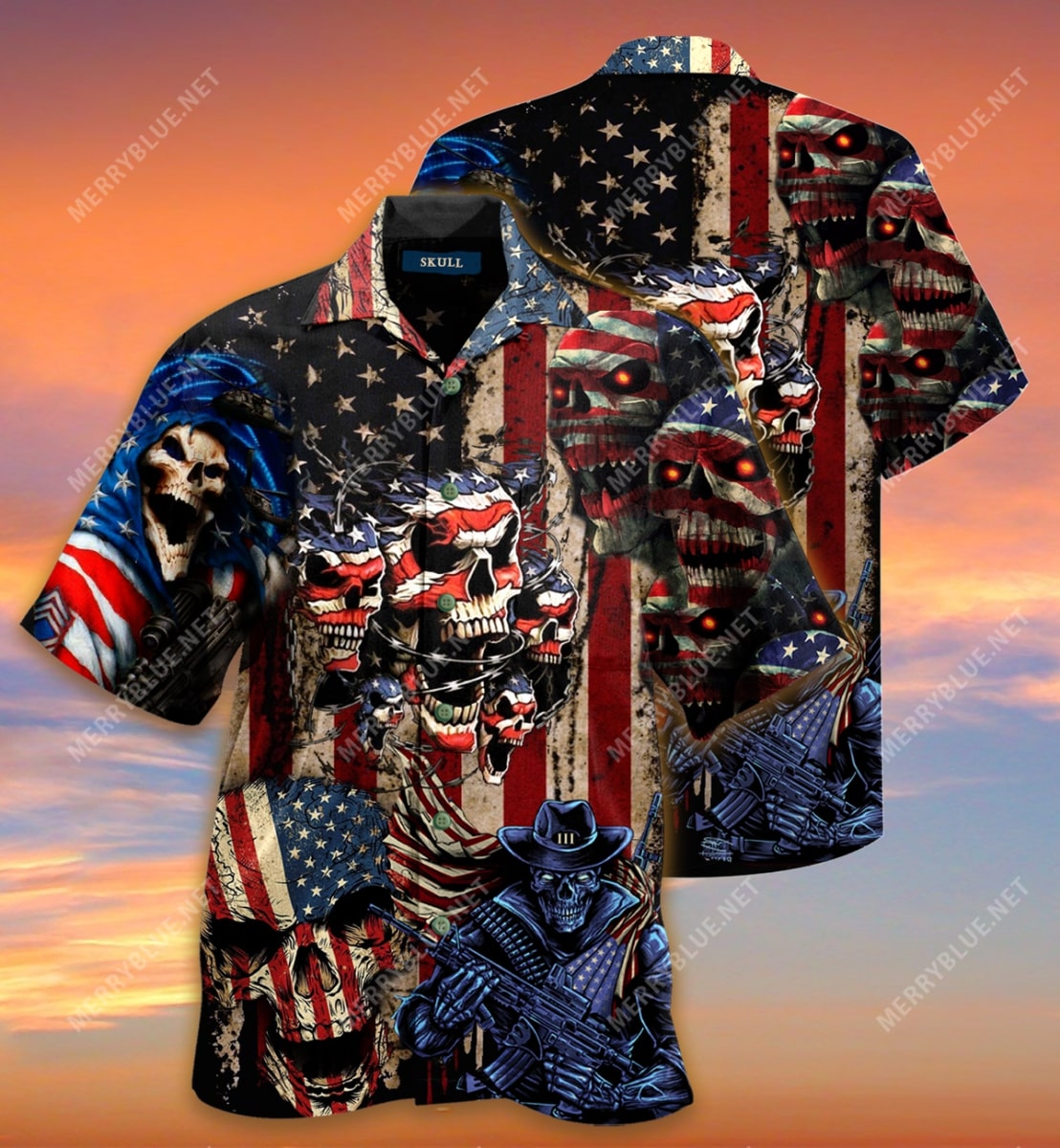 American Flag Skull All Over Printed Hawaiian Shirt