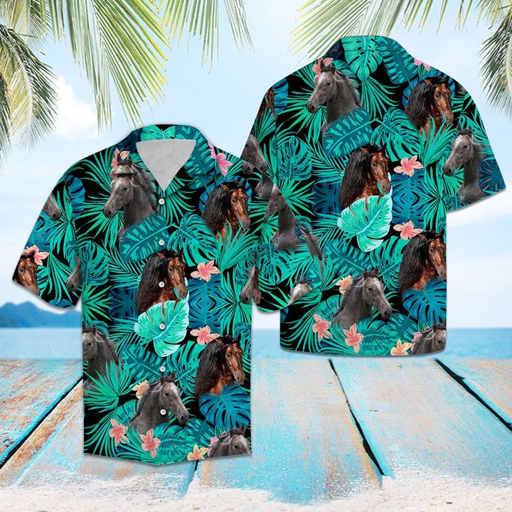 Andalusian Horse Green Tropical Hawaiian Shirt Summer Button Up