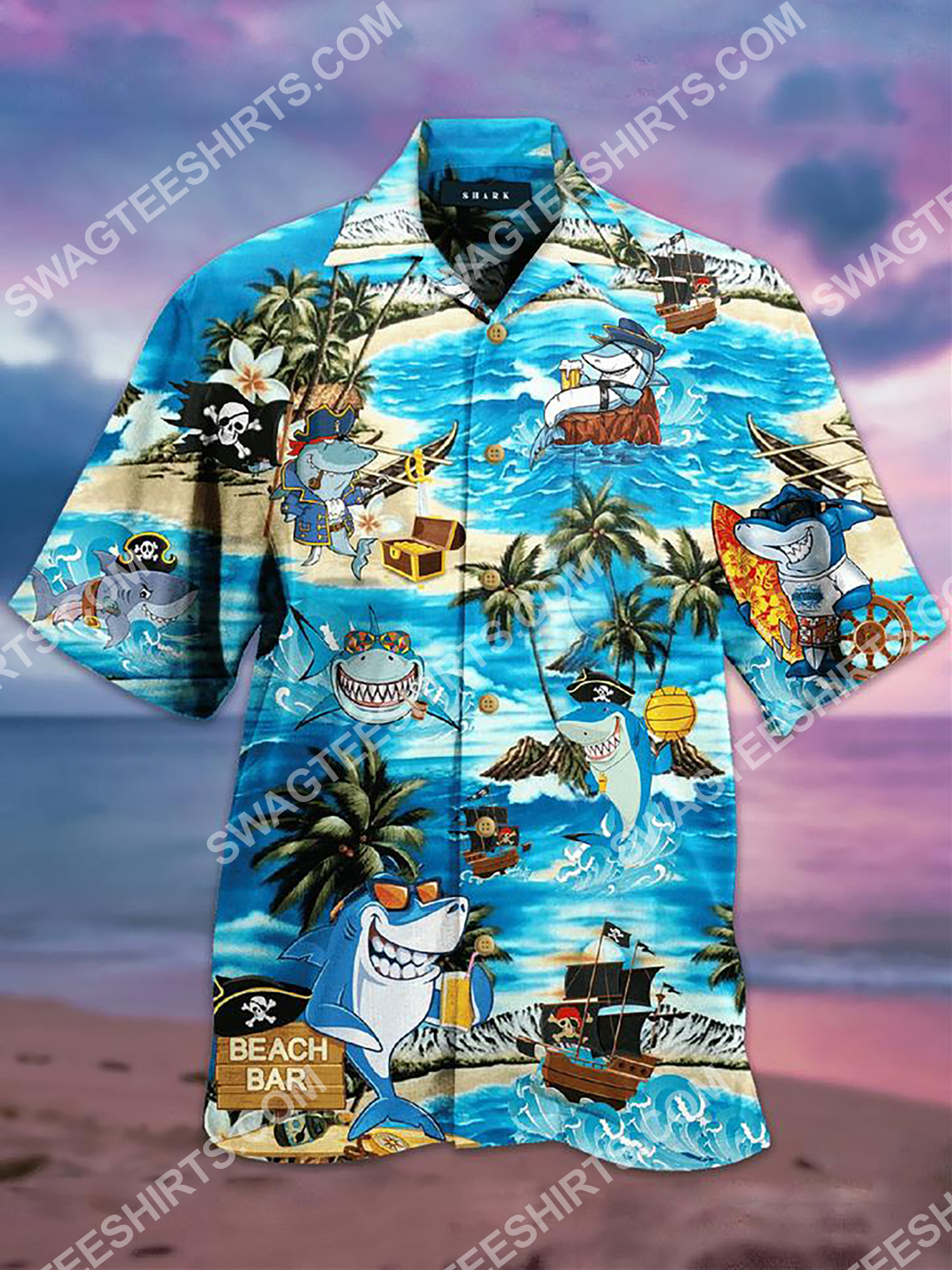 Beach Bar Shark Pirates All Over Printing Hawaiian Shirt