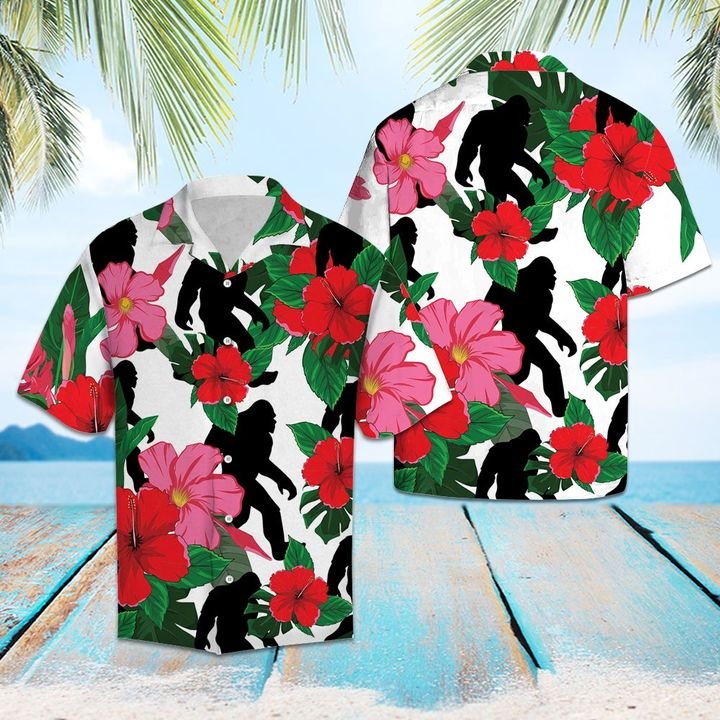 Bigfoot And Hibiscus Hawaiian Shirt Summer Button Up