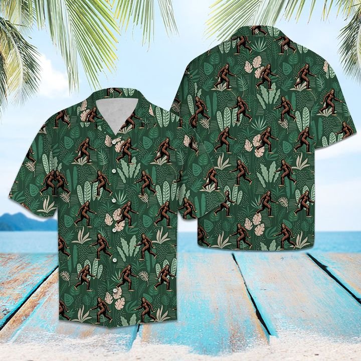 Bigfoot Tropical Palm Hawaiian Shirt Summer Button Up