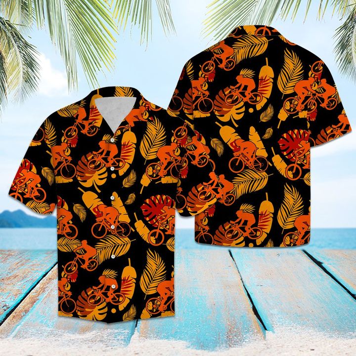 Biking Orange Flower Pattern Hawaiian Shirt Summer Button Up