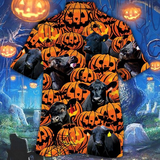 Black Angus Cattle Halloween Pumpkin Hawaiian Shirt