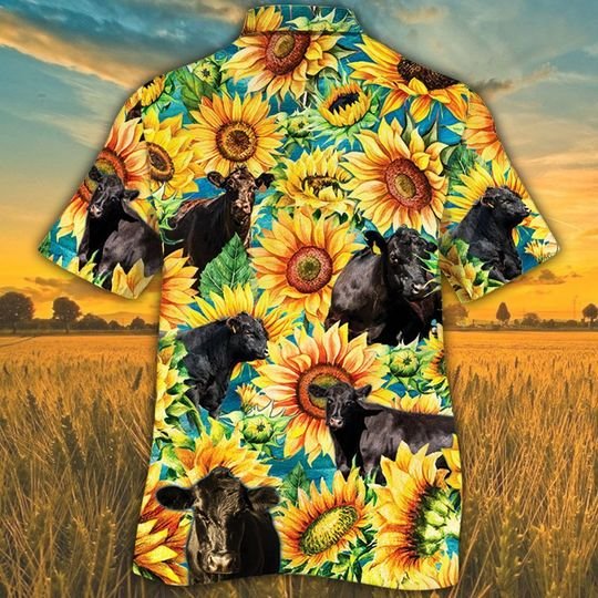 Black Angus Cattle Sunflower Watercolor Hawaiian Shirt