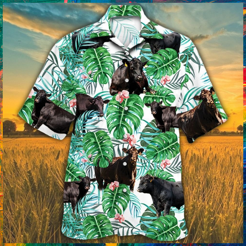 Black Angus Cattle Tropical Plant Hawaiian Shirt