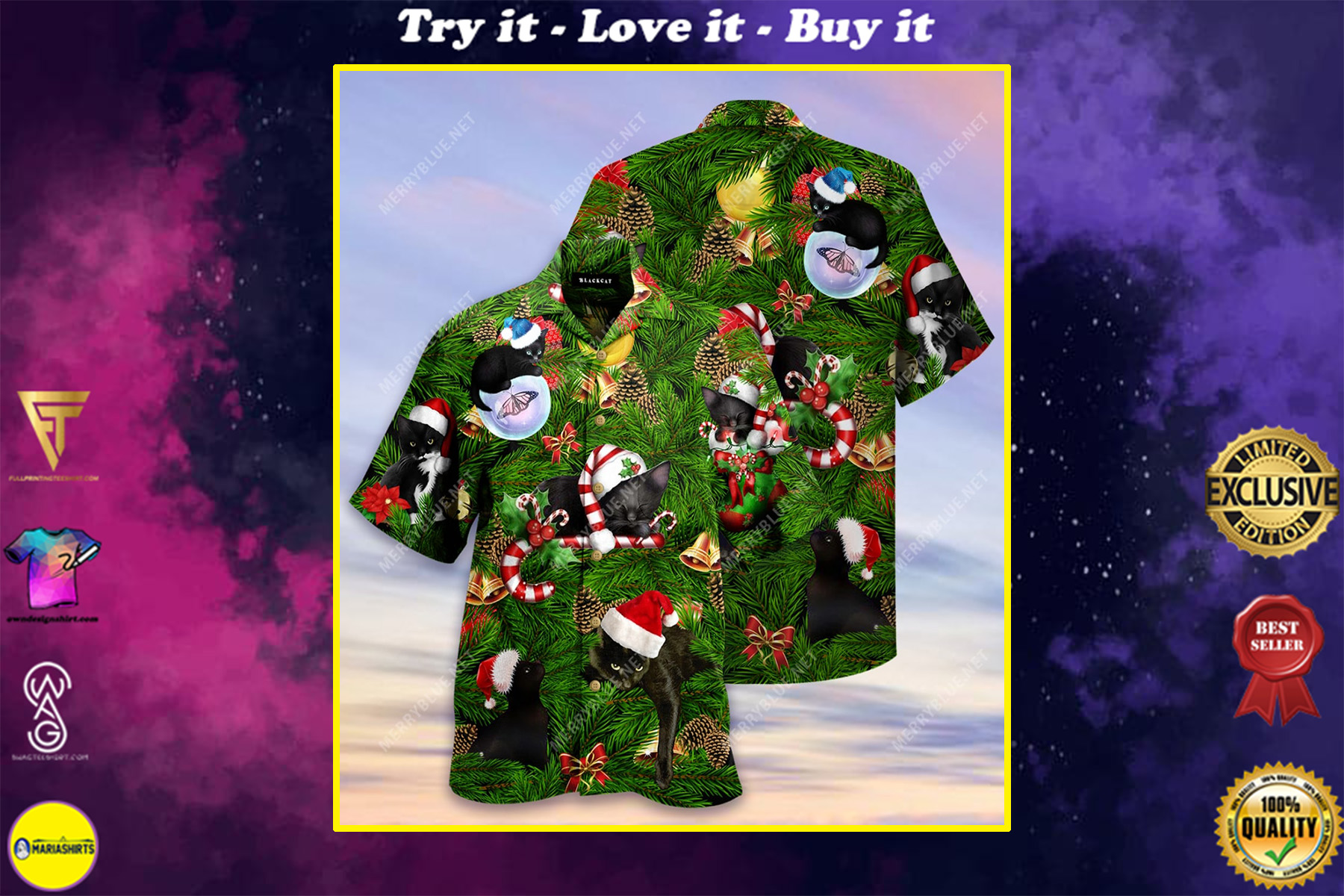 Black Cats And Christmas Tree Full Printing Hawaiian Shirt