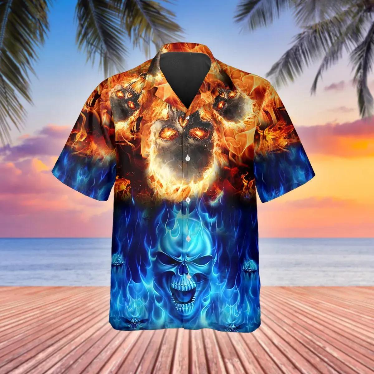 Blue Fire Skull Hawaiian Shirt – Best Clothing For You