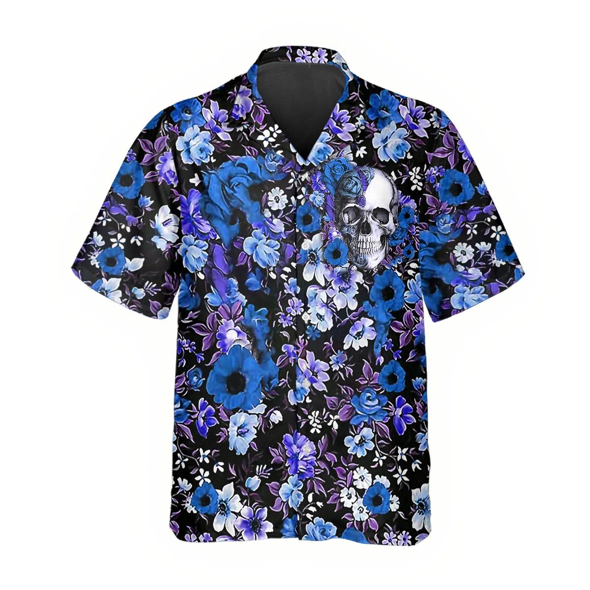 Blue Happy Summer Flowers Grinning Skull Hawaiian Shirt – Best Clothing For You