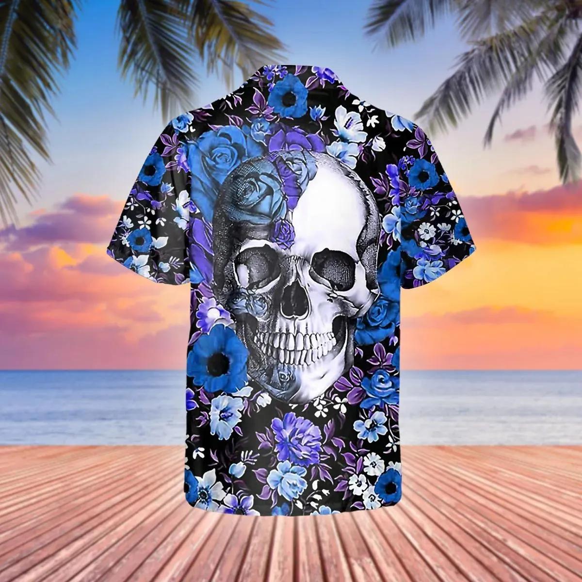 Blue Happy Summer Flowers Grinning Skull Hawaiian Shirt – Best Clothing For You