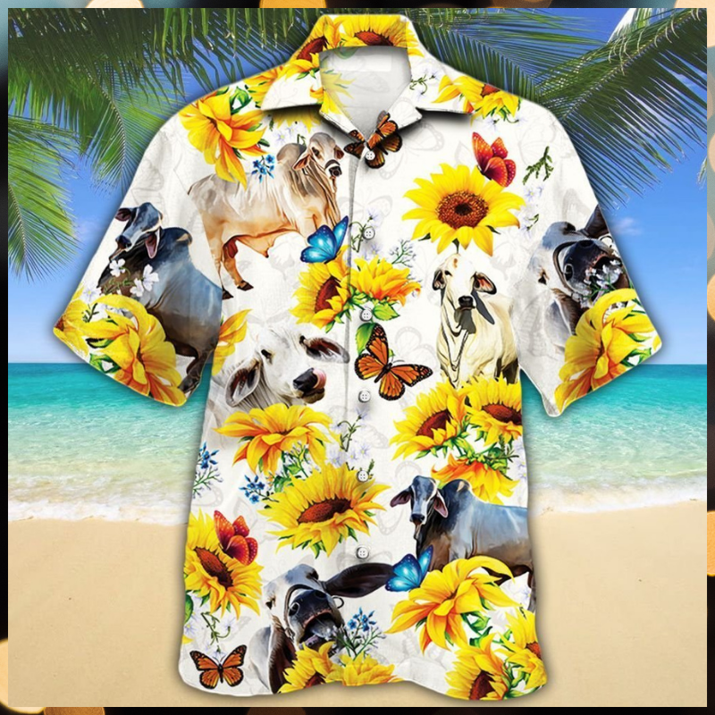 Brahman Cattle Butterfly Sunflower Hawaiian Shirt