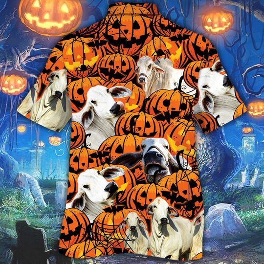 Brahman Cattle Halloween Pumpkin Hawaiian Shirt