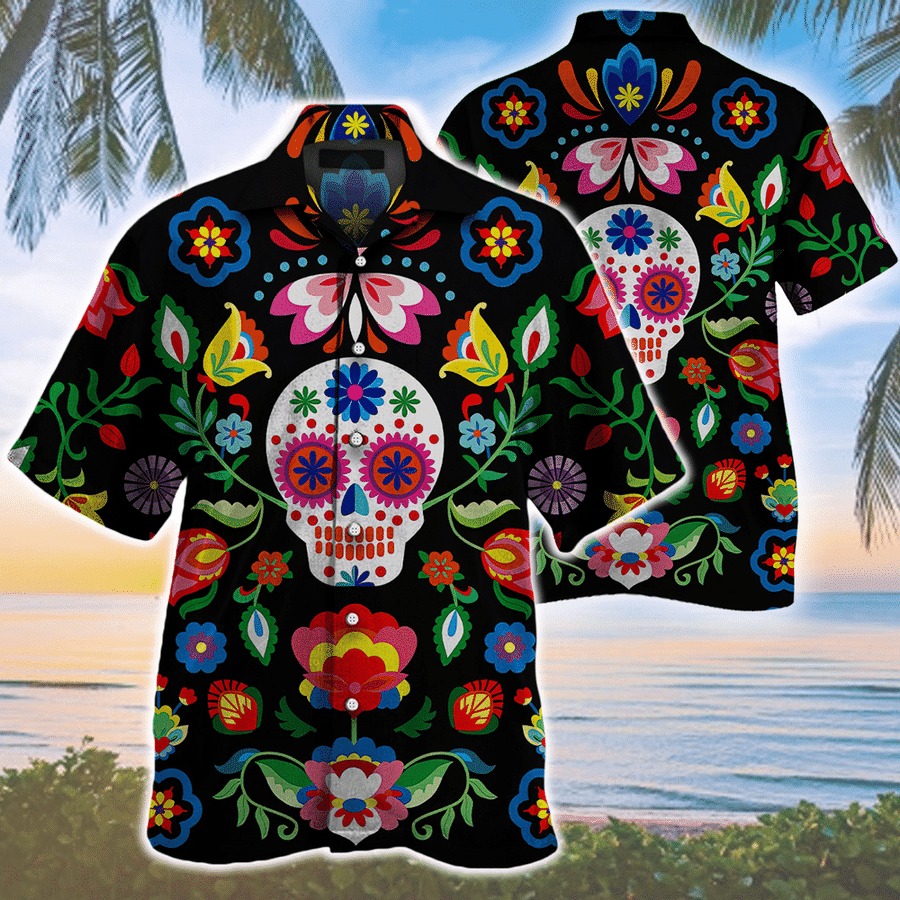 Butterflies And Flowers Sugar Skull Roses Pattern Hawaiian Shirt