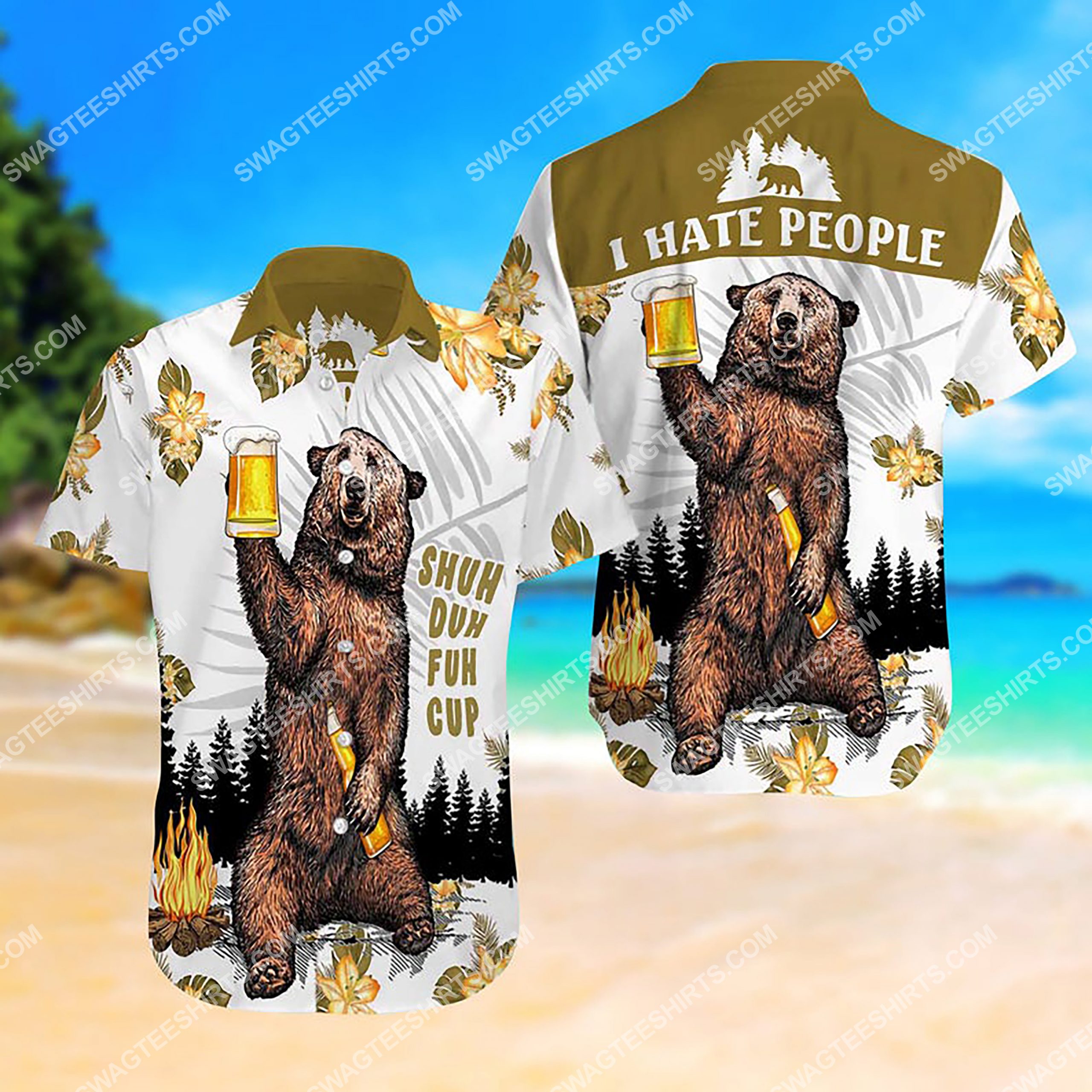 Camping Bear I Hate People All Over Print Hawaiian Shirt