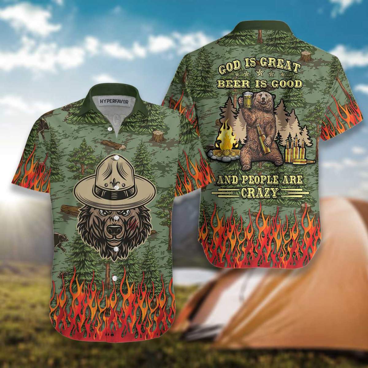 Camping Fire Sheriff Bear God Is Great Beer Is Good Hawaiian Shirt