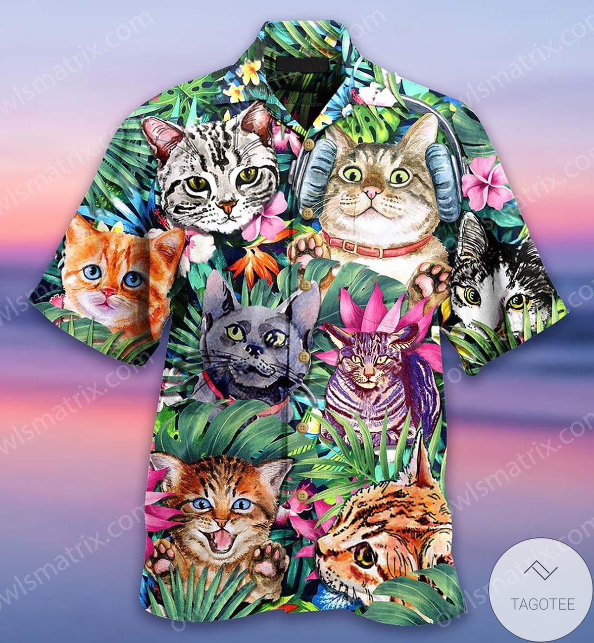 Cat With Many Expressions Tropical Leaves Hawaiian Shirt