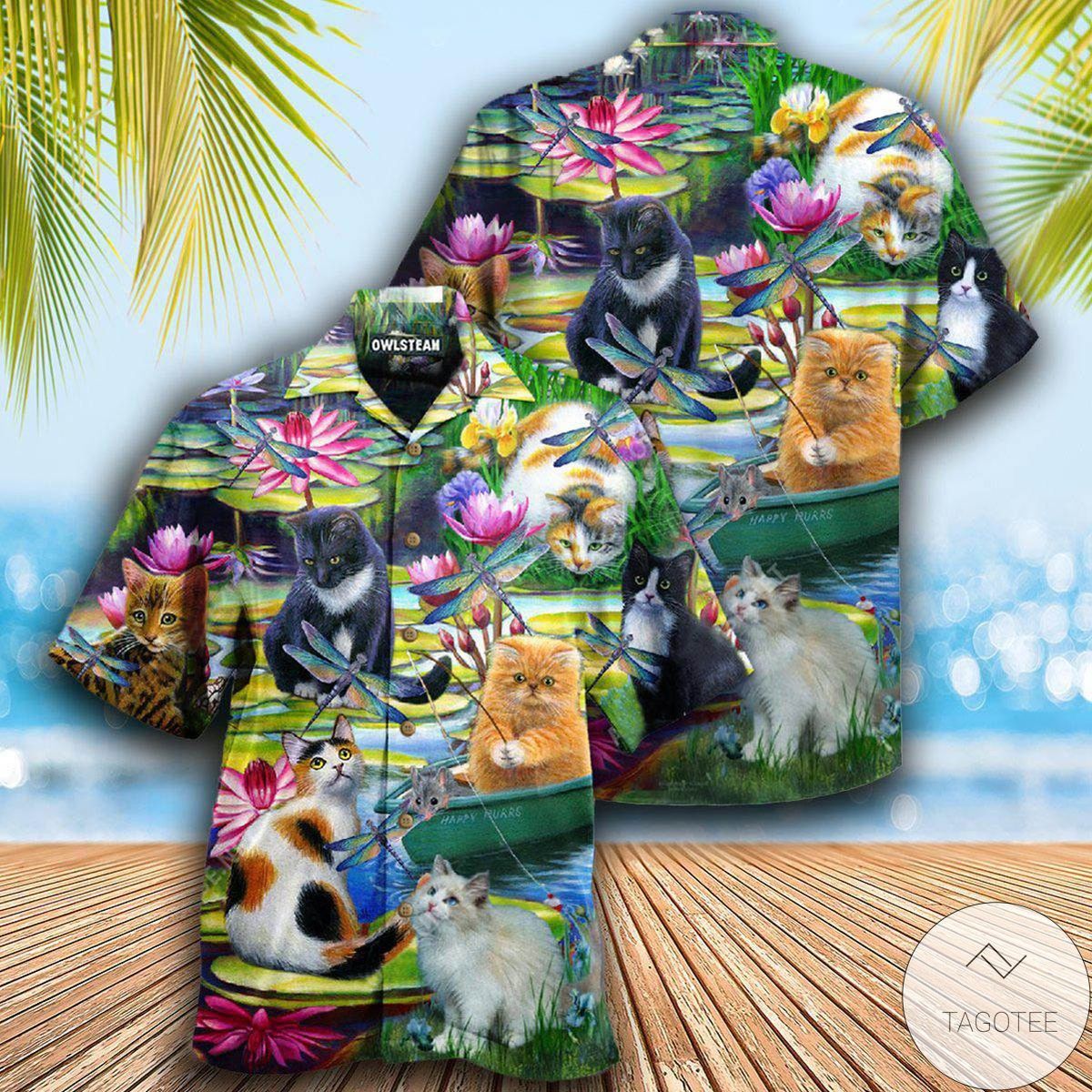 Cats Curious In A Water Lily Lake Hawaiian Shirt