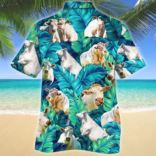 Charolais Cattle Blue Tropical Plant Hawaiian Shirt