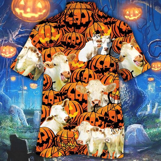 Charolais Cattle Halloween Pumpkin Hawaiian Shirt