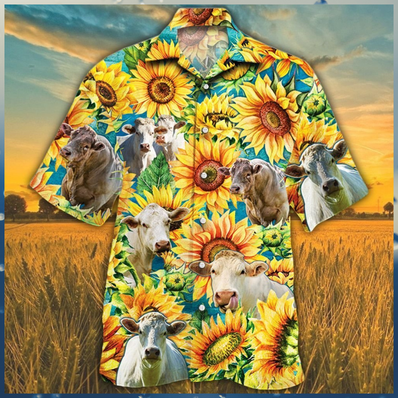 Charolais Cattle Sunflower Hawaiian Shirt