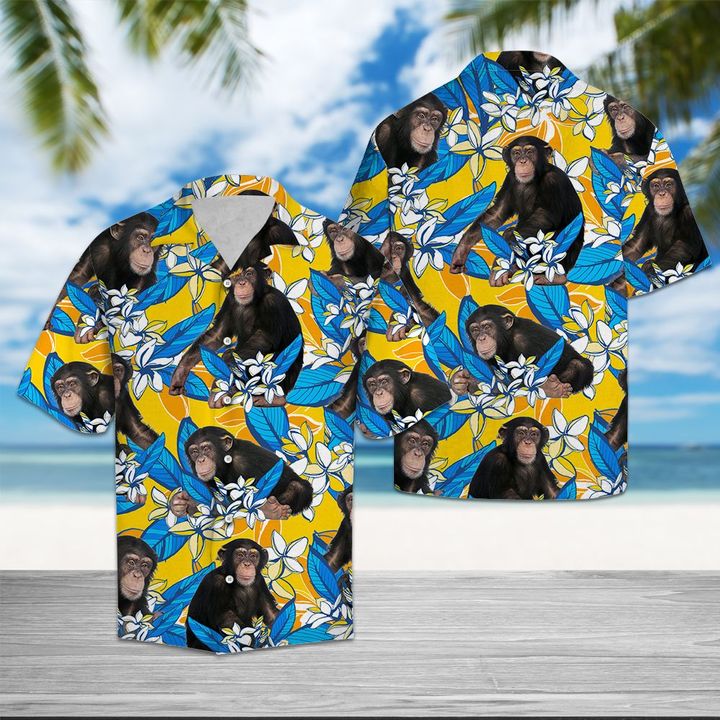 Chimpanzee Plumeria Flowers Hawaiian Shirt Summer Button Up
