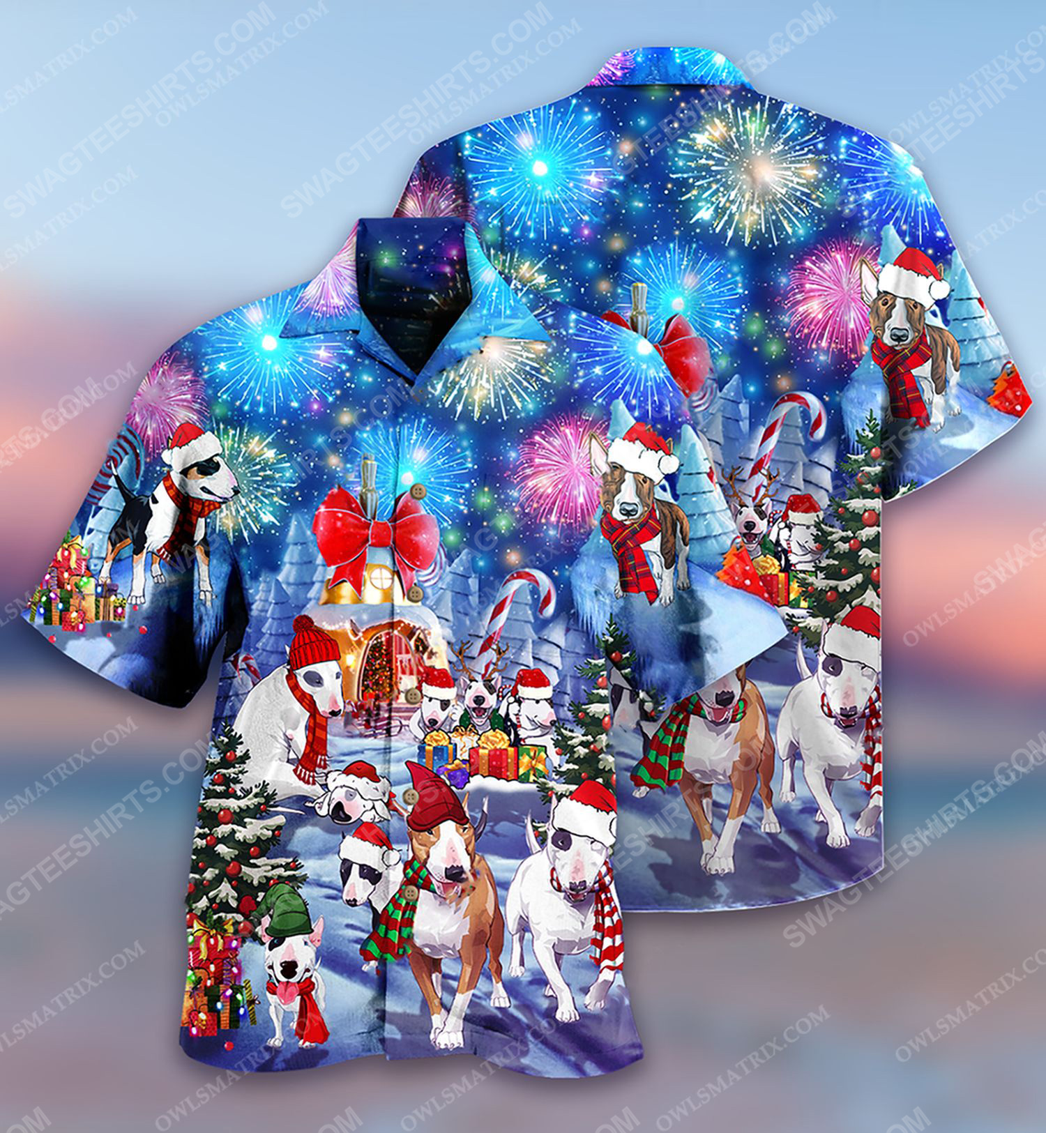 Christmas Holiday And Bull Terrier Dog Full Print Hawaiian Shirt