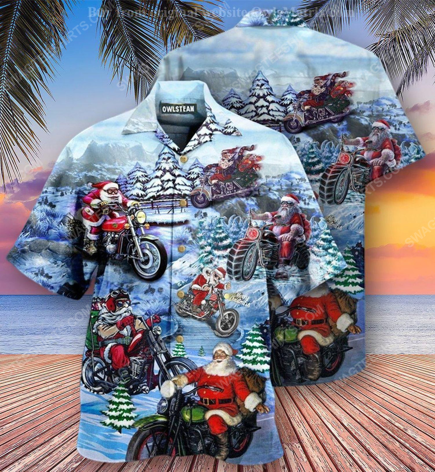 Christmas Holiday And Santa Biker Full Print Hawaiian Shirt