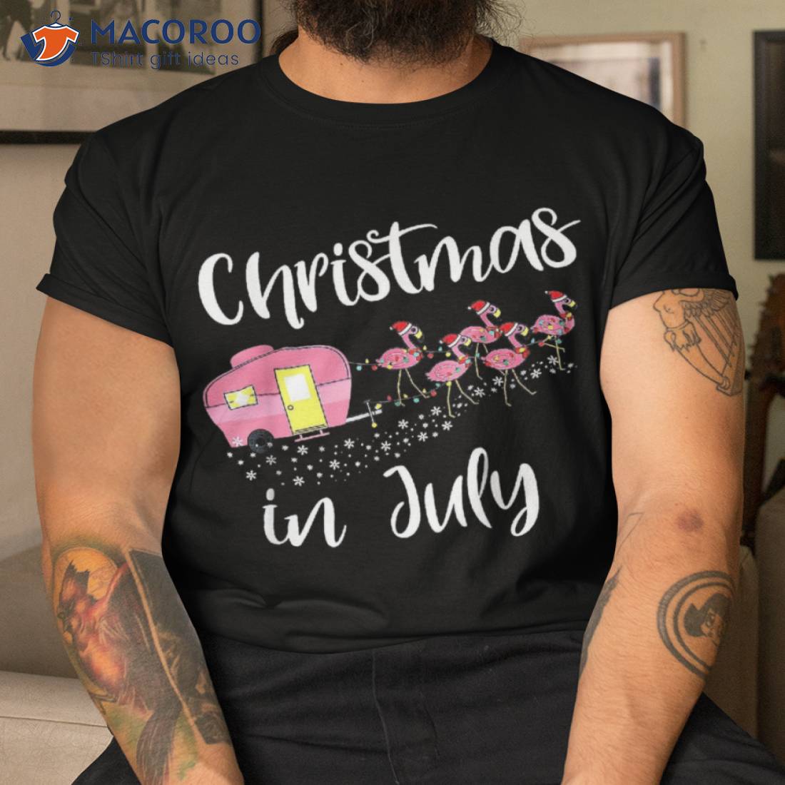 Christmas In July Pink Flamingo Summer Funny Camping Camper Shirt