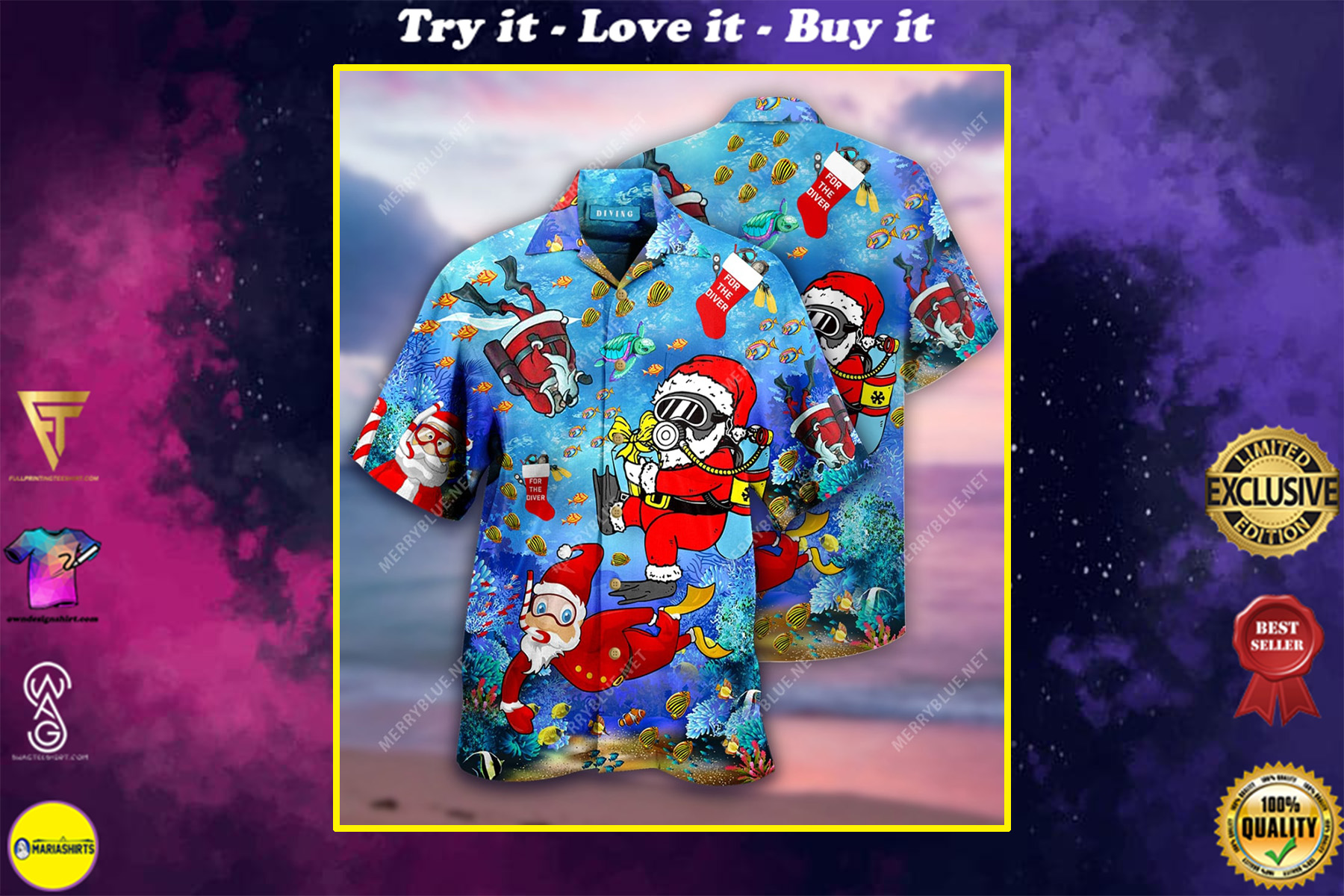 Christmas Santa Claus Diving Full Printing Hawaiian Shirt