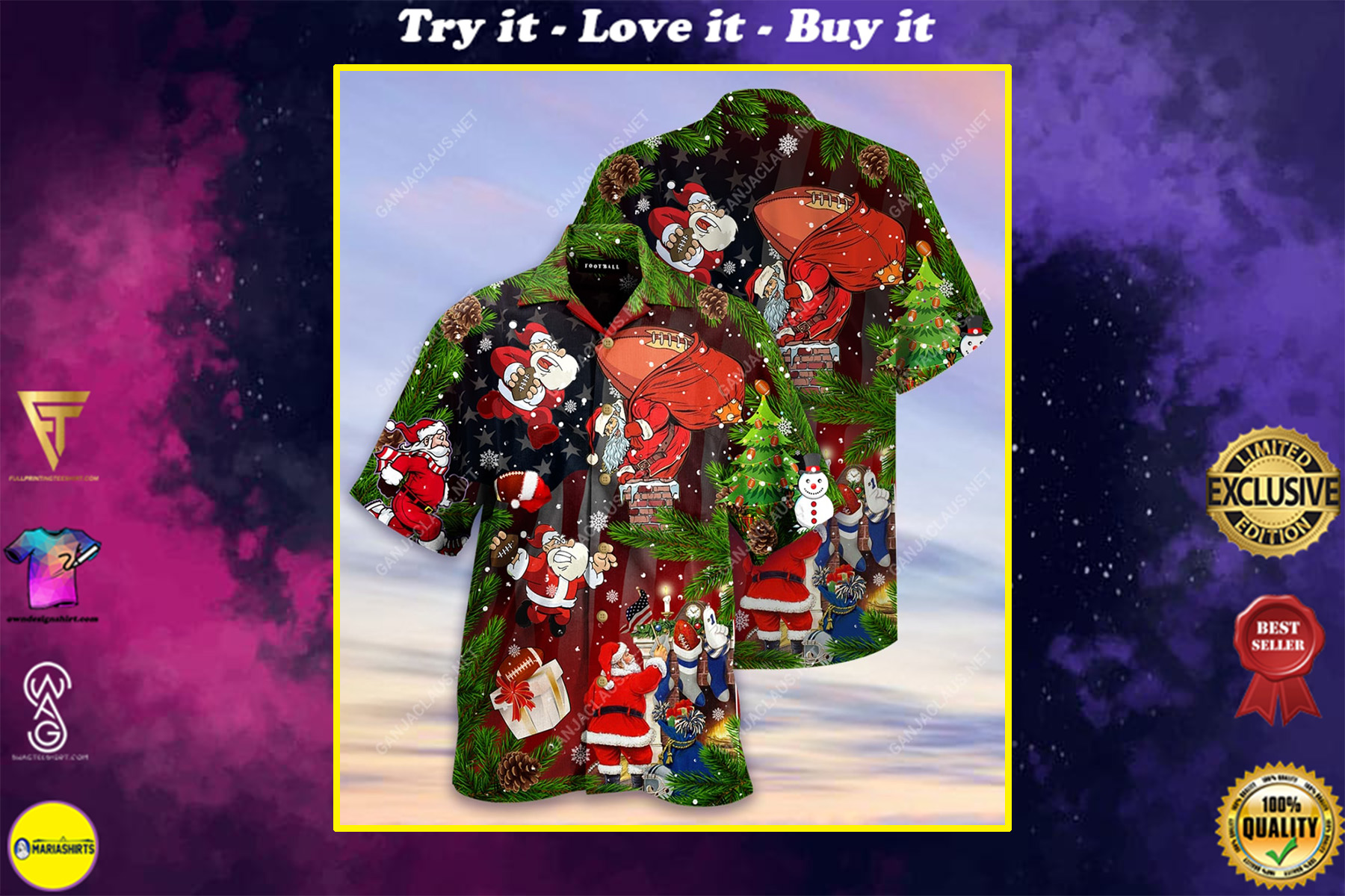 Christmas Santa Claus Play American Football Full Printing Hawaiian Shirt
