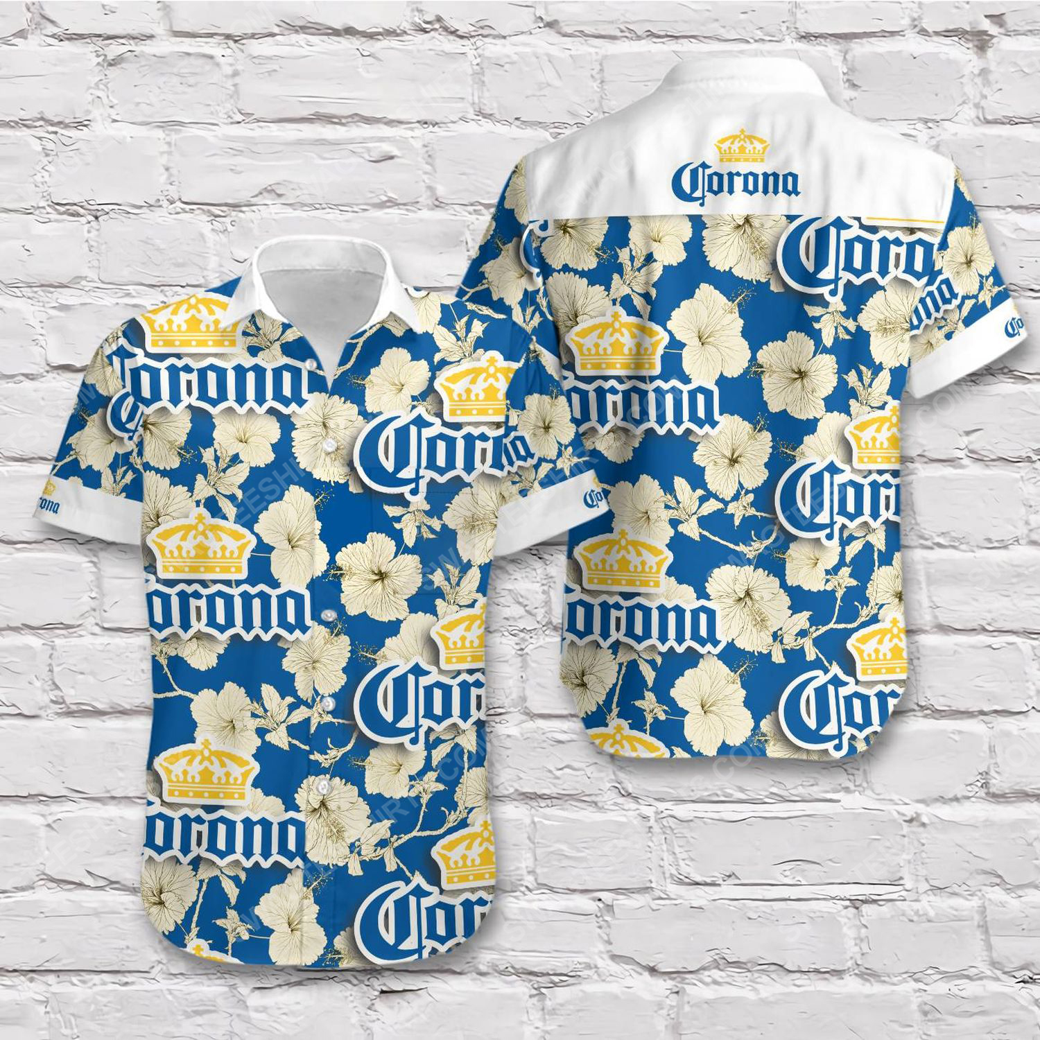 Corona Beer Blue Gold Tropical Summer Short Sleeve Hawaiian Shirt