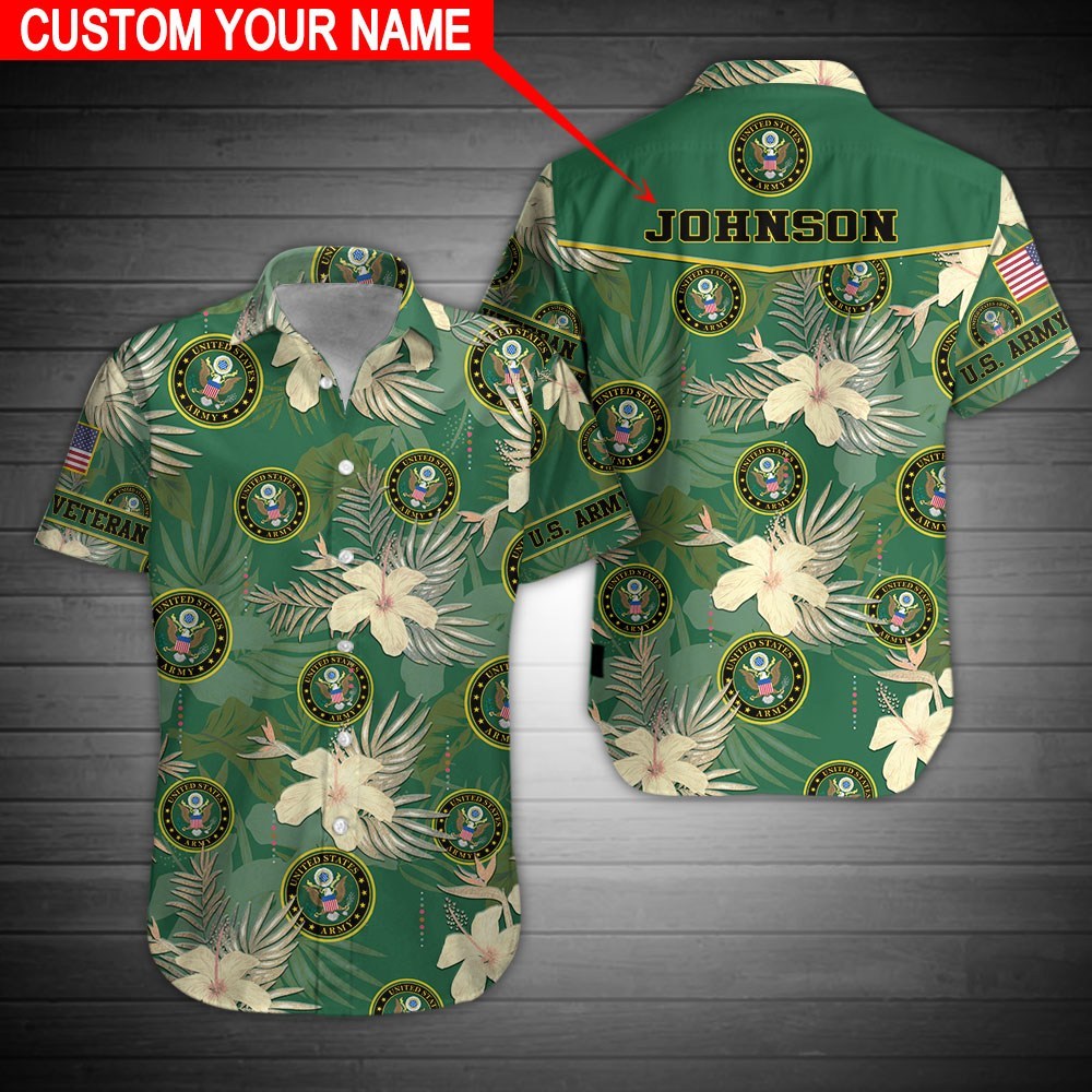 Custom Your Name United States Army Veteran Tropical Flower Full Printing Hawaiian Shirt