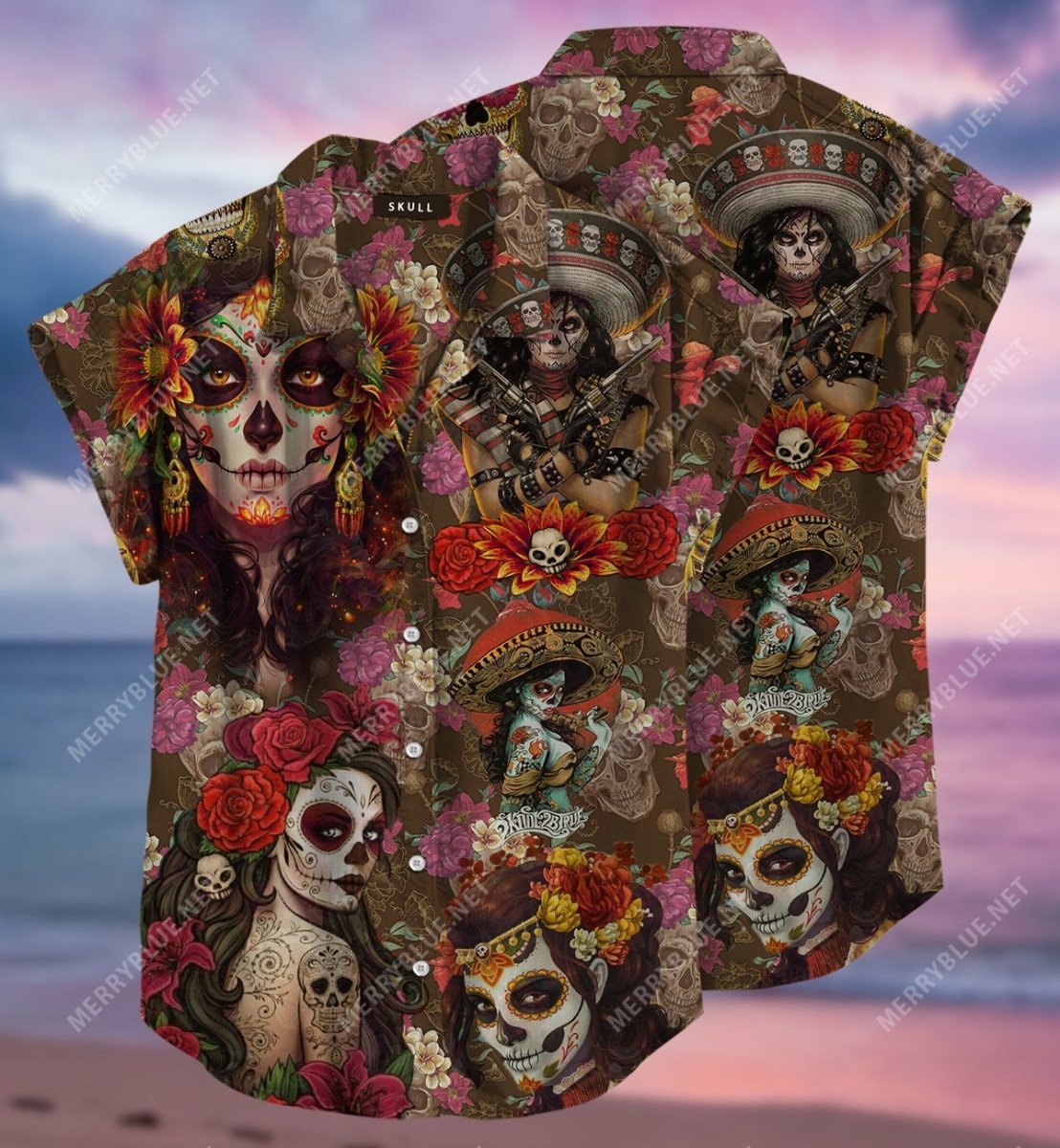 Day Of The Dead Sugar Skull All Over Printed Hawaiian Shirt