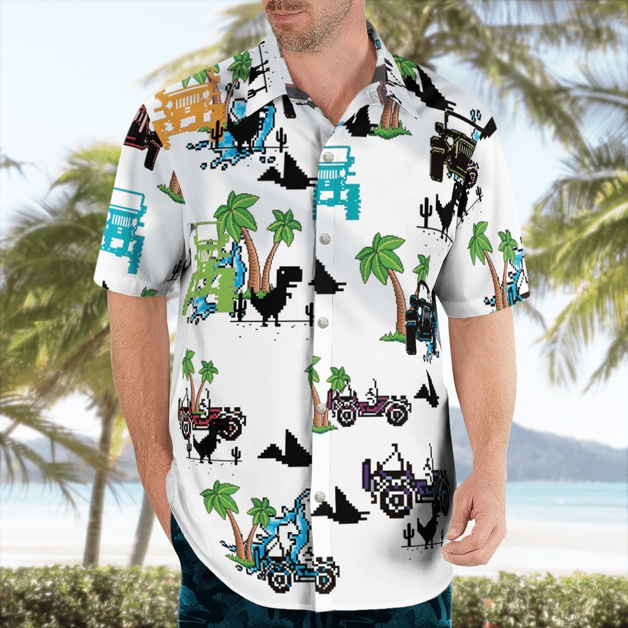 Dinosaurs And Jeep In The Beach Hawaiian Shirt