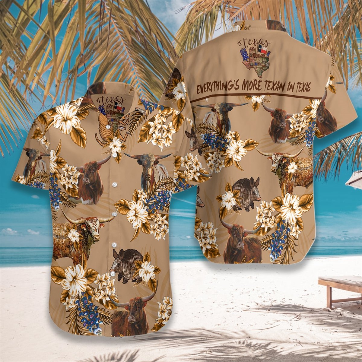 Everything More Texan In Texas Armadillo And Longhorn Texas Hawaiian Shirt