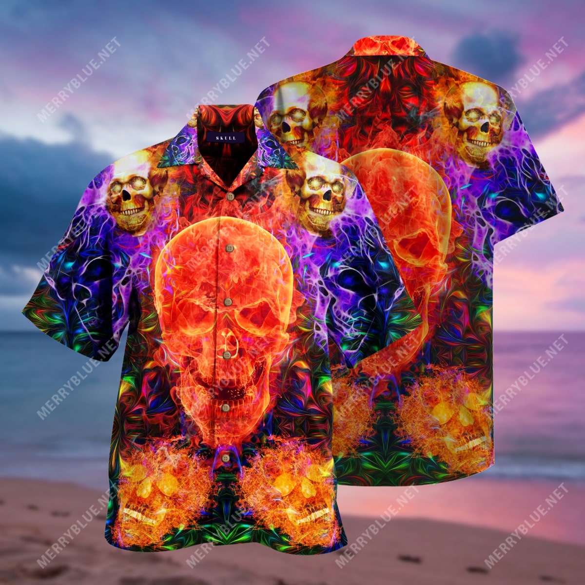 Fire Skull Pattern All Over Printed Hawaiian Shirt