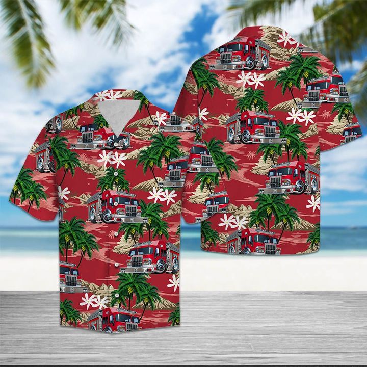 Firefighter Car Palm Island Hawaiian Shirt Summer Button Up