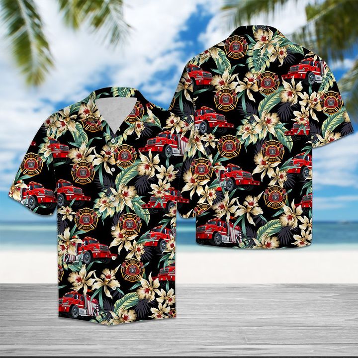 Firefighter Floral Vintage Hawaiian Shirt Summer Button Up