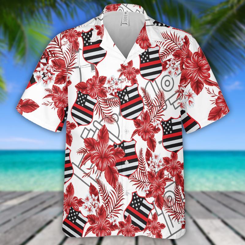 Firefighter Hibiscus Flower Hawaiian Shirt