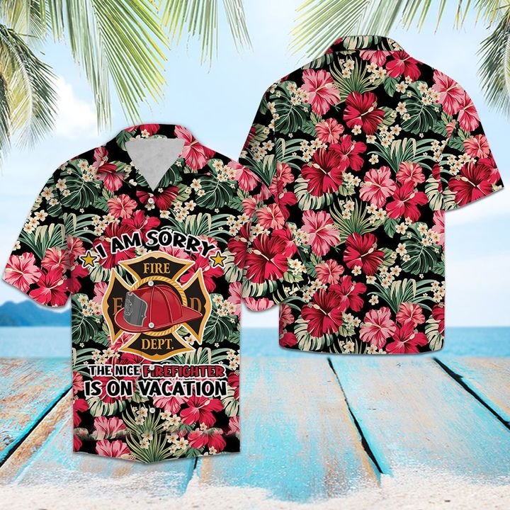 Firefighter On Vacation Hawaiian Shirt Summer Button Up