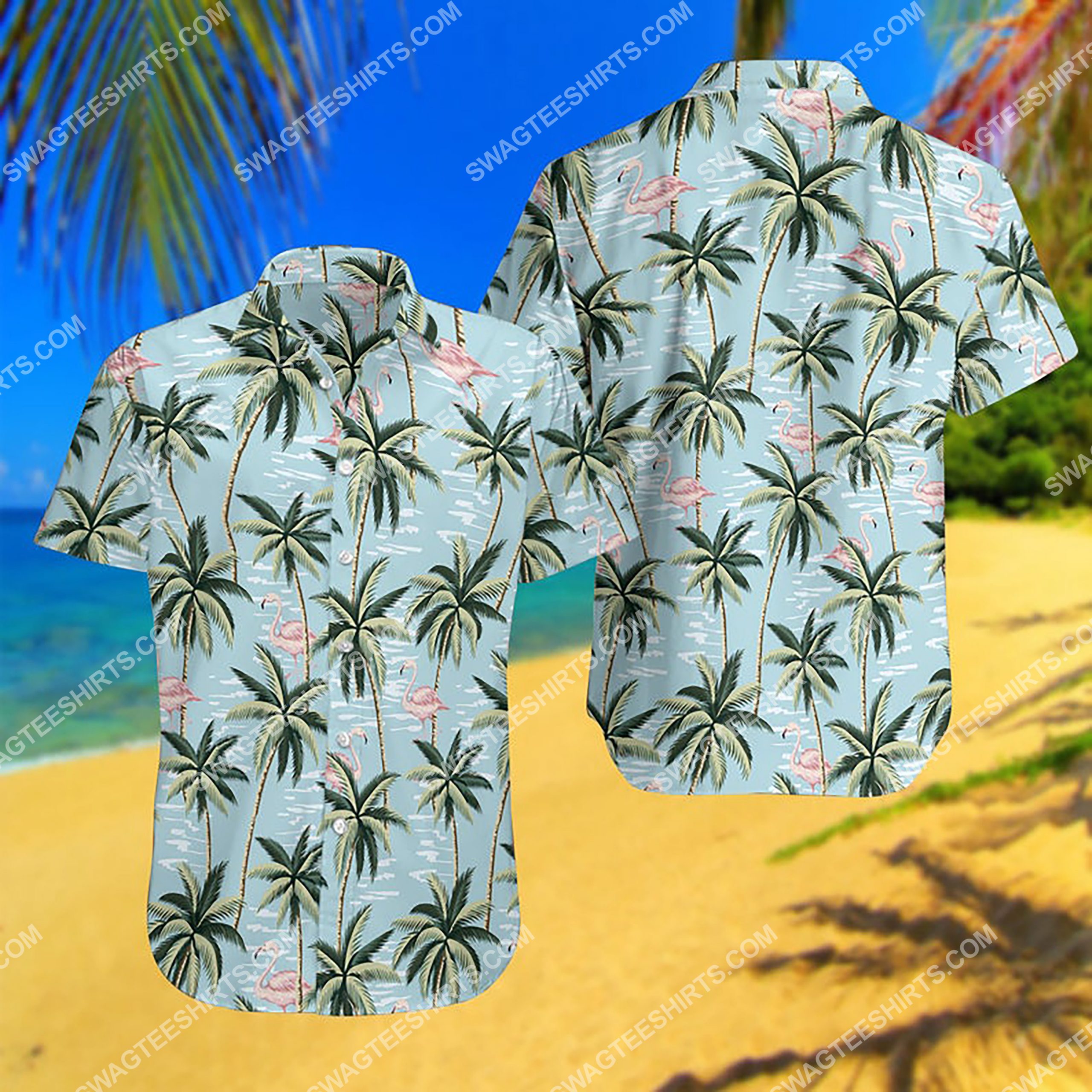 Flamingo And Palm Tree All Over Print Hawaiian Shirt