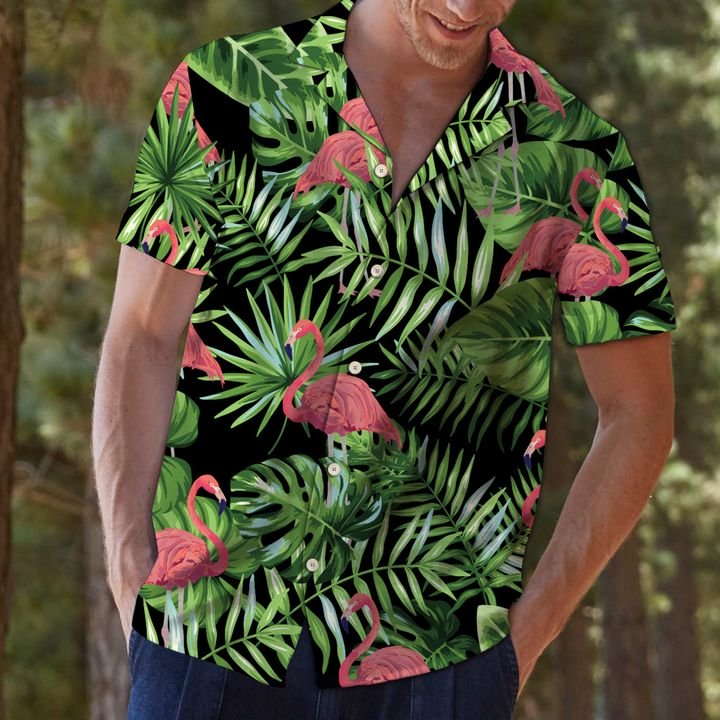 Flamingo Green Tropical Leaves Hawaiian Shirt Summer Button Up