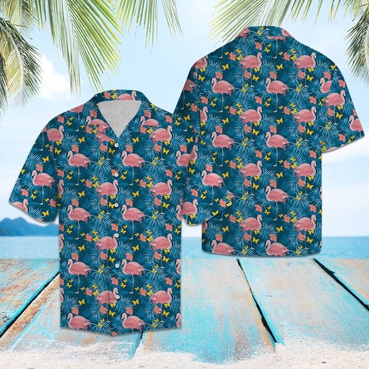 Flamingo Tropical Palm Hawaiian Shirt Summer Button Up