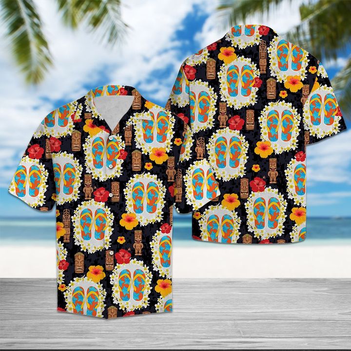 Flipflops Tiki Pattern Hawaiian Shirt Summer Button Up