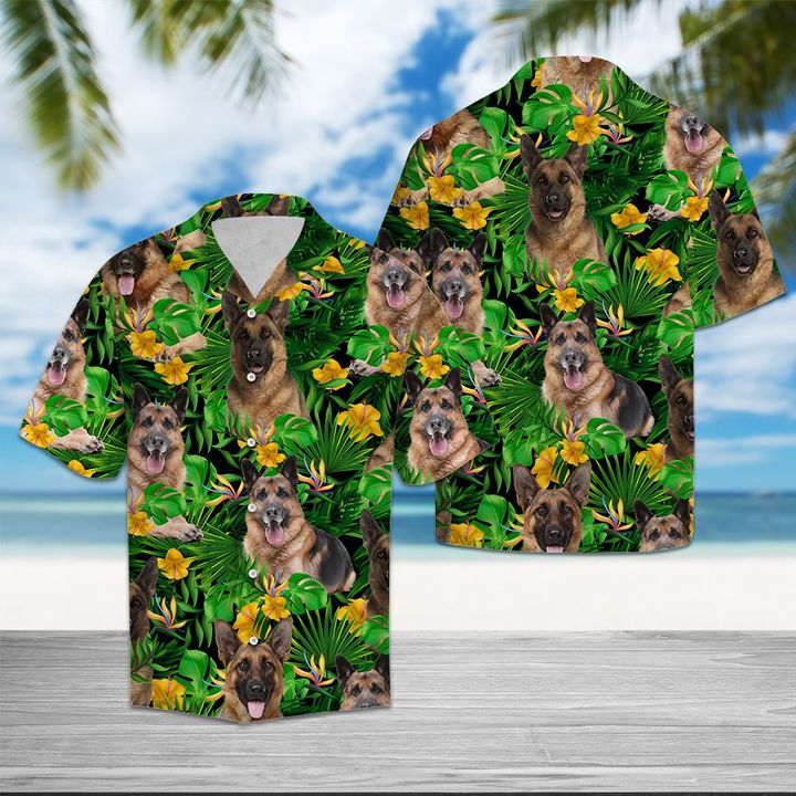 German Shepherd Tropical Wild Flower Hawaiian Shirt Summer Button Up